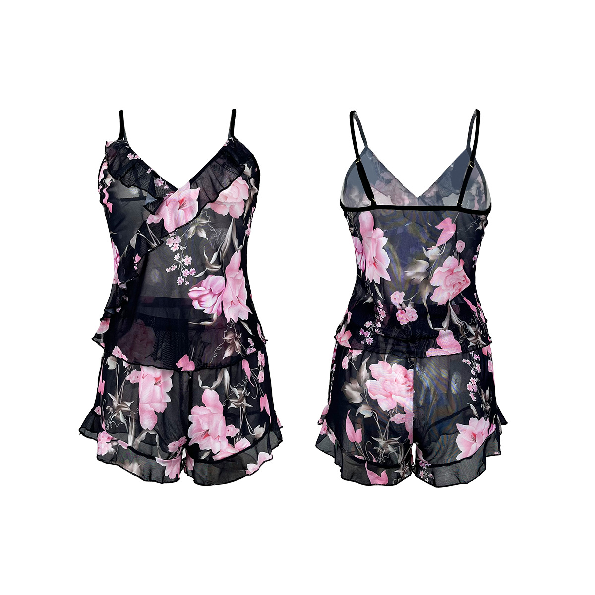 Women Piece Pajamas Sets Floral Lingerie Sleepwear Sexy Cami Shorts Sets